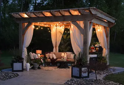 Pergola With Lights and Gravel